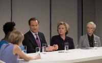 Democratic presidential candidate Hillary Clinton, second from right, takes part in a Glassdoor Pay Equality Roundtable, with, from left, journalist Diane Brady; Tracy Sturdivant, co-founder & co-executive director of Make It Work; Robert Hohman, co-founder and CEO, Glassdoor, Inc.; and Megan Rapinoe, World Cup Soccer Champion & Olympic Gold Medalist, Tuesday, April 12, 2016, in New York. (AP Photo/Mary Altaffer)