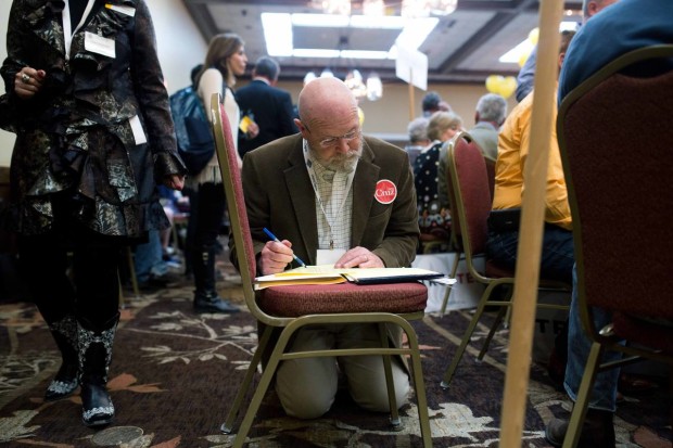 Herb Doby, a delegate from Goshen county, casts his vote for Wyoming delegates during the Wyoming GOP Convention on Saturday, April 16, 2016, at the Parkway Plaza Hotel and Convention Centre, in Casper, Wyo. (Jenna VonHofe /The Casper Star-Tribune via AP) MANDATORY CREDIT
