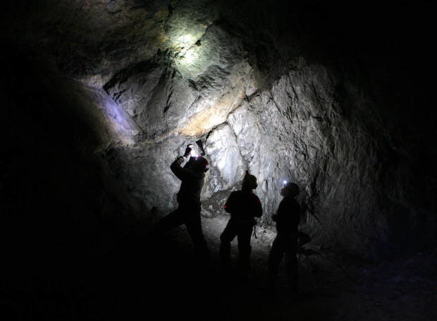 FILE - In this Jan. 27, 2009 file photo, Ryan von Linden, left, photographs hibernating bats in an abandoned mine, while Dennis Wischman, center, and Lisa Masi take notes in Rosendale, N.Y. Biologists feared some bat species would become extinct when the mysterious "white-nose" fungus was first noticed in some caves in upstate New York. The populations of little browns appear to have stabilized in some locations in upstate New York and Vermont, the region where dead bats were found starting in 2006. (AP Photo/Mike Groll, File)