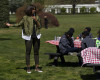 First lady Michelle Obama speaks to students from across the country before they help plant vegetables during the eight annual White House Kitchen Garden planting on the South Lawn of the White House in Washington, Tuesday, April 5, 2016. (AP Photo/Pablo Martinez Monsivais)