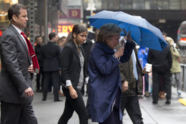 Democratic presidential candidate Hillary Clinton leaves the New York Times building after participating in a Glassdoor Pay Equality Roundtable, Tuesday, April 12, 2016, in New York. (AP Photo/Mary Altaffer)