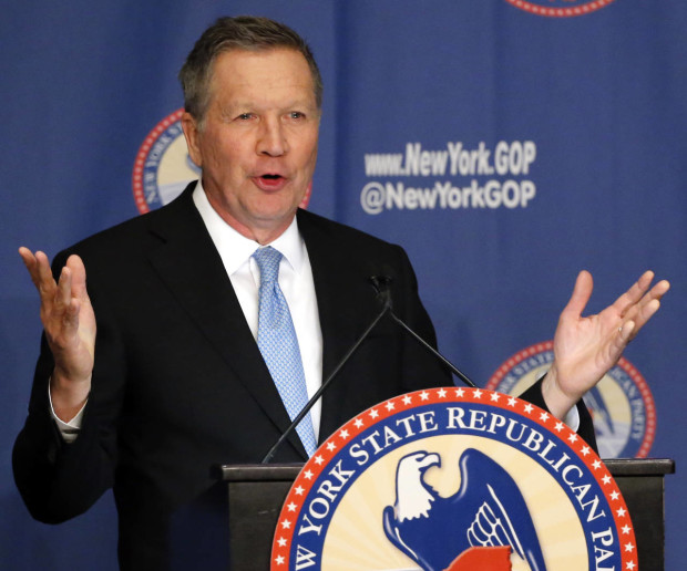 Republican presidential candidate Ohio Gov, John Kasich gestures as he addresses the New York Republican State Committee Annual Gala Thursday, April 14, 2016, in New York. (AP Photo/Kathy Willens)