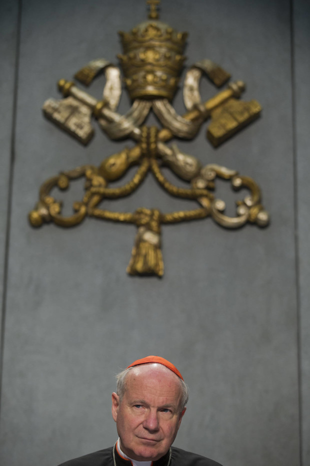 Cardinal Christoph Schoenborn attends a press conference at the Vatican, Friday, April 8, 2016. Pope Francis has insisted that individual conscience be the guiding principle for Catholics negotiating the complexities of sex, marriage and family life in a major document released Friday that repudiates the centrality of black and white rules for the faithful. In the 256-page document "The Joy of Love," released Friday, Francis makes no change in church doctrine. (AP Photo/Andrew Medichini)