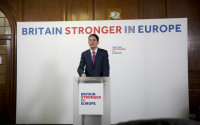 David Miliband, former British Foreign Secretary and current President and CEO of the International Rescue Committee based in New York, makes a speech on Britain's EU membership in London, Tuesday, April 12, 2016.  Miliband on Tuesday delivered the speech for the Britain Stronger In Europe campaign on the foreign policy implications on Britain leaving Europe. Britain is to hold a referendum to decide on their EU membership on June 23. (AP Photo/Matt Dunham)
