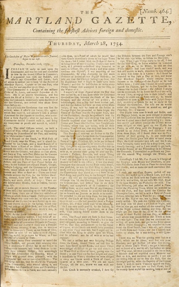 This photo provided by Bonhams shows a Maryland Gazette from 1754 that will be auctioned next week in New York.  The rare newspaper printing of a journal kept by a young George Washington and a small inscribed Bible carried by an American soldier during the Battle of Bunker Hill are among hundreds of historic documents being sold at a New York City auction.  (Courtesy of Bonhams via AP)