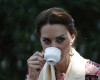 Kate, the Duchess of Cambridge sips tea as she talks to officials at the Centre for Wildlife Rehabilitation and Conservation (CWRC), at Panbari reserve forest in Kaziranga, in the north-eastern state of Assam, India, April 13, 2016. Prince William and his wife, Kate, planned their visit to Kaziranga specifically to focus global attention on conservation. The 480-square-kilometer (185-square-mile) grassland park is home to the world's largest population of rare, one-horned rhinos as well as other endangered species including swamp deer and the Hoolock gibbon. (Adnan Abidi/ Pool photo via AP)