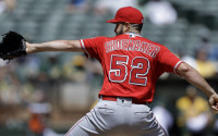 Los Angeles Angels pitcher Matt Shoemaker works against the Oakland Athletics in the first inning of a baseball game Wednesday, April 13, 2016, in Oakland, Calif. (AP Photo/Ben Margot)