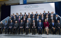 G-20 Finance Minister and Central Bank Governors pose for a group photo during the World Bank/IMF Spring Meetings at IMF headquarters in Washington, Friday, April 15, 2016. ( AP Photo/Jose Luis Magana)