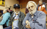 This 2013 photo provided by the Great Bear Foundation shows Chuck Jonkel, right, and Salish poet Vic Charlo in Missoula, Mont. Pioneering bear researcher and advocate Charles "Chuck" Jonkel died Tuesday, Aprill 12, 2016, of natural causes at a Missoula, Mont., nursing home, his son Jamie Jonkel said. He was 85. Jonkel led the Border Grizzly Project shortly after the bears were placed under the protection of the Endangered Species Act in 1975. (Frank Tyro/Great Bear Foundation via AP)