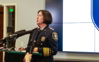 Seattle Police Chief Kathleen O'Toole speaks to reporters during a news conference Monday, April 11, 2016, in Seattle. Multiple body parts — including a foot — found in a homeowner's recycling bin likely belong to a woman who was reported missing Saturday morning, Seattle police said Monday. (Lynsi Burton/seattlepi.com via AP) MAGS OUT; NO SALES; SEATTLE TIMES OUT; TV OUT; MANDATORY CREDIT