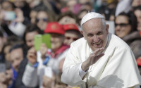 Pope Francis smiles as he blesses faithful upon his arrival in St. Peter's Square to attend a jubilee audience at the Vatican, Saturday, April 9, 2016. Pope Francis said Friday that Catholics should look to their own consciences rather than rely exclusively on church rules to negotiate the complexities of sex, marriage and family life, demanding the church shift emphasis from doctrine to mercy in confronting some of the thorniest issues facing the faithful. (AP Photo/Gregorio Borgia)