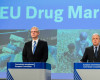 EU Commissioner for Migration, Home Affairs and Citizenship Dimitris Avramopoulos, center, European Monitoring Centre for Drugs and Drug Addiction Director Alexis Goosdeel and  Europol Director Rob Wainwright address the media on the EU Drug Markets Report at EU Commission headquarters in Brussels on Tuesday, April 5, 2016.  The European Union's illicit drugs market is changing, and the rate of change is being accelerated by globalization and technology, according to the 2016 EU Drug Markets Report, suggesting the market is also increasingly connected with organized crime groups and terrorism. (AP Photo/Geert Vanden Wijngaert)