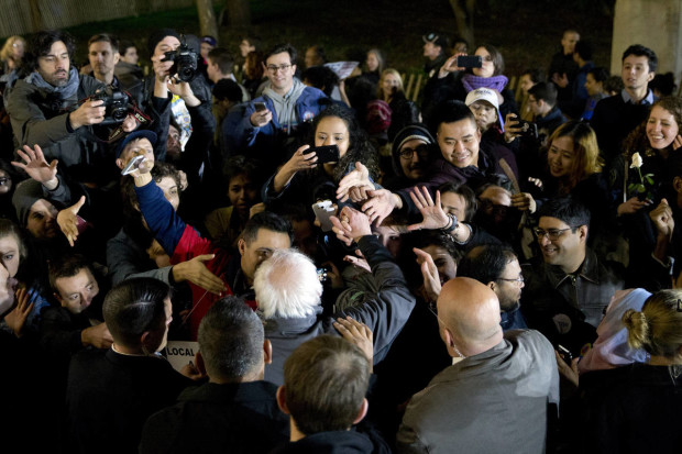 Democratic presidential candidate, Sen. Bernie Sanders, I-Vt., greets members of the audience during a campaign rally at Washington Square, Wednesday, April 13, 2016 in New York. (AP Photo/Mary Altaffer)