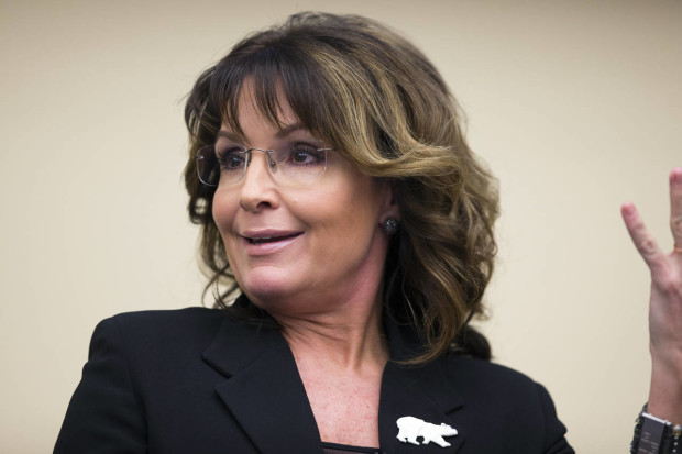 Sarah Palin speaks during a panel discussion before a preview of the film "Climate Hustle" on Capitol Hill, on Thursday, April 14, 2016, in Washington. Palin says voters won’t stand for it if Republican power brokers try to take the presidential nomination away from Donald Trump or Ted Cruz at the GOP convention this summer. (AP Photo/Evan Vucci)