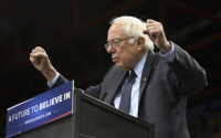 Democratic presidential candidate, Sen. Bernie Sanders, I-Vt. speaks at a campaign rally, Monday, April 11, 2016, in Binghamton, N.Y. Sanders may be behind when it comes to delegates and votes, but he has one clear advantage over his Democratic and Republican counterparts, a lot of people actually like him.  (AP Photo/Mel Evans)