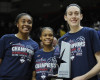 FILE - In this Feb. 24, 2016, file photo, Connecticut seniors, from left, Morgan Tuck, Moriah Jefferson and Breanna Stewart pose with American Athletic Conference regular season championsh trophy after their 88-41 win over SMU in an NCAA college basketball game against SMU in Storrs, Conn. Breanna Stewart is a lock to go to Seattle with the first pick. Her UConn teammates Moriah Jefferson and Morgan Tuck could go second and third, marking the first time in league history the top three picks came from the same school. (AP Photo/Jessica Hill, File)