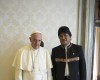 Pope Francis and Bolivia's President Evo Morales, right, pose for photographer's on the occasion of their private meeting in the Apostolic Palace at the Vatican, Friday, April 15, 2016. (Osservatore Romano/Pool photo via AP)