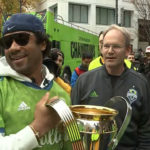 Seahawks star Russell Wilson at the Sounders victory parade. (KIRO 7)