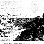 A vintage newspaper clipping shows the old trestle in Tacoma at South Delin Street and C Street where 44 people were killed in a trolley accident on July 4, 1900. (Feliks Banel)