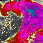 Infrared satellite image clues on a strong storm: very cold cloud tops (esp blue shade) and an abrupt edge near the frontal boundary. (National Weather Service Seattle)