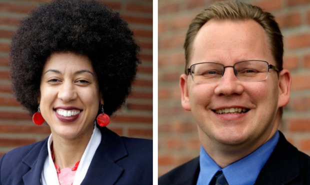 Erin Jones, left, and Chris Reykdal were competing to take over for Randy Dorn as Superintendent of...