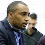 
              Seattle Seahawks NFL football wide receiver Doug Baldwin speaks Monday, Nov. 21, 2016, to a joint legislative task force on the use of deadly force in community policing, at the Capitol in Olympia, Wash. Baldwin, whose father was a police officer, has been outspoken on the issues of police training, racial profiling, and the use of force by law enforcement officers. (AP Photo/Ted S. Warren)
            