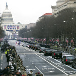 
              The Presidential motorcade drives on Pennsylvania Avenue to the Capitol for the Inauguration of President-elect Donald Trump, Friday, Jan. 20, 2017, in Washington. (AP Photo/Cliff Owen)
            