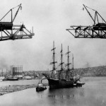 In May 1931, a sailing ship escaped from the under-construction Aurora Bridge.  (Courtesy Washington State Archives)