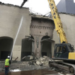 As demolition continued, workers crushed a pair of matching gargoyles that graced the original 1928 Civic Arena, and lay hidden behind bricks for 55 years.  (Feliks Banel photo)