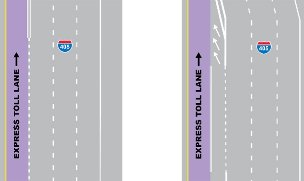 This is the adjustment coming to the I-405 express toll lane access point in Bothell. The left imag...