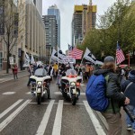 Anti-war protesters begin their march in downtown Seattle. (Hanna Scott/KIRO Radio)