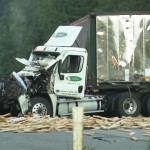 A truck hauling lumber on I-90 crashed in the eastbound lanes Friday morning. (KIRO 7)