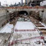 Only half of the new SR 99 tunnel is visible now that the the two level roadway is constructed at the south end of the tunnel. (WSDOT)