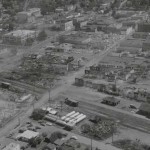 An aerial view showing devastation caused by an exploding dynamite truck in Roseburg, Oregon on August 7, 1959 (Courtesy Oregon Historical Society)