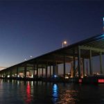 The 520 Bridge lights are usually a teal color. (WSDOT)