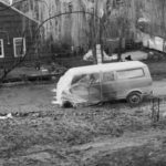 A nearby house, and a van parked outside, were damaged by a bomb blast at Seattle City Light’s Laurelhurst substation on New Year’s Eve 1975. (Courtesy Seattle Municipal Archives)