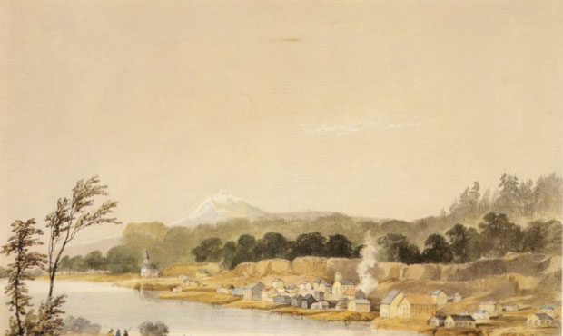 Oregon City as depicted by artist British army officer Henry J. Warre circa 1840s, around the time ...