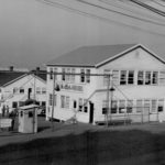 The main gate of the old Lake Washington Shipyard south of downtown Kirkland, as it looked during World War II.  (National Archives)