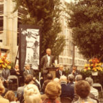 Dignitaries gather near the corner of Boren Avenue and Marion Street on First Hill for the groundbreaking in August 1973 of the Fred Hutchinson Cancer Research Center. (Fred Hutchinson Cancer Research Center)