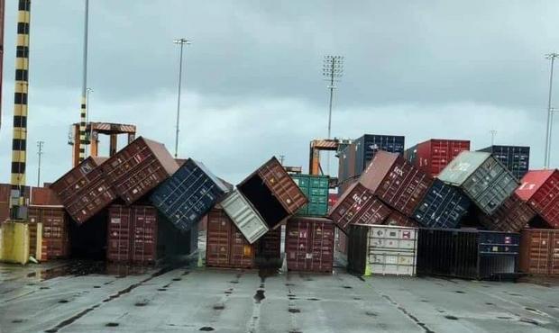 Strong winds blew over empty containers at Husky Terminal Port of Tacoma. (KIRO 7 viewer, Chas Eman...