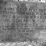 The Washington State Historical Society and Daughters of the Pioneers of Washington dedicated this marker at the site of Fort Tilton in 1928; it was lost sometime later, perhaps to floodwaters. (Snoqualmie Valley Historical Museum)