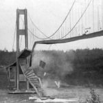The Tacoma Narrows Bridge, which was nicknamed “Galloping Gertie,” collapsed in a windstorm on November 7, 1940. (MOHAI)