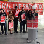 Seattle Councilmember Kshama Sawant holds a rally ahead of a City Council meeting to discuss the future of The Showbox, June 4, 2019.  (Aaron Granillo, KIRO Radio)