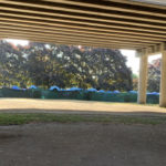 A landscape view of the camp from the sidewalk. (Carolyn Ossorio, KIRO Radio)