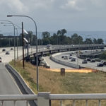 Looking east, you see the difference between the new westbound bridge connecting the floating bridge and Montlake and the current eastbound lanes. (Chris Sullivan, KIRO Radio)
