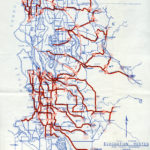 A 1955 map shows recommended routes for evacuating suburban King County in the event of a nuclear attack on Seattle. (Washington State Archives)