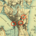 William Grose died in 1898; this 1897 map shows, in the red circles from left to right, where Grose’s separate “Our House” restaurant and hotel were located at the foot of what’s now Yesler Way; the location where Fire Station Six would later be built, and which is set to become the Africatown Land Trust’s William Grose Center for Enterprise and Cultural Innovation; and the Madison area where Grose lived, and where a Seattle park is named in his honor. (US Geological Survey Archives)
