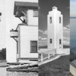 A montage shows the original Browns Point "stake light" from 1887; the 1903 wooden lighthouse; the 1933 concrete lighthouse not long after it was built; and a recent image of the 1933 lighthouse. (Points Northeast Historical Society)