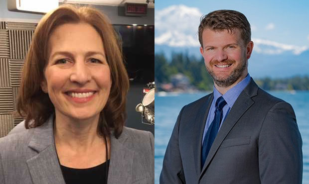 Rep. Kim Schrier (left) and challenger Jesse Jensen (right)....