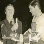Jim Robson (left) interviewing Vancouver Canucks player Pat Quinn during the inaugural 1970-1971 season. (Courtesy BC Sports Hall of Fame)